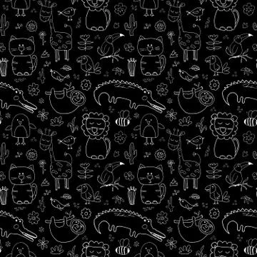 Cute Animals Seamless Pattern, Cartoon Hand Drawn Animal Doodles Vector Illus Illustrazione stock