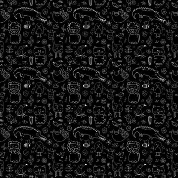 Cute Animals Seamless Pattern, Cartoon Hand Drawn Animal Doodles Vector Illus Stock Illustration