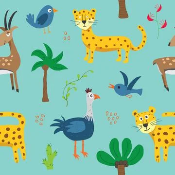 Cute Animals Seamless pattern. Cartoon Animals and Tropical plants doodles. C Illustrazione stock