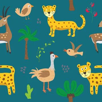 Cute Animals Seamless pattern. Cartoon Animals and Tropical plants doodles. C 스톡 일러스트