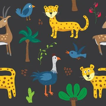 Cute Animals Seamless pattern. Cartoon Animals and Tropical plants doodles. C 스톡 일러스트