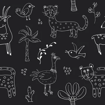 Cute Animals Seamless pattern. Cartoon Animals and Tropical plants doodles. C Stock Illustration