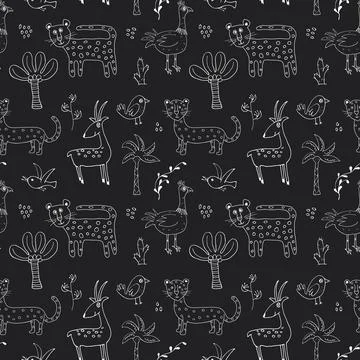 Cute Animals Seamless pattern. Cartoon Animals and Tropical plants doodles. C Illustrazione stock
