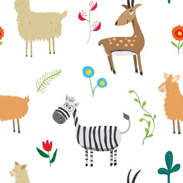 Cute Animals Seamless pattern. Cartoon Animals and plants doodles. Cartoon Ve Stock Illustration