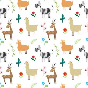 Cute Animals Seamless pattern. Cartoon Animals and plants doodles. Cartoon Ve Illustrazione stock