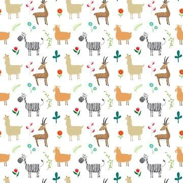 Cute Animals Seamless pattern. Cartoon Animals and plants doodles. Cartoon Ve Illustrazione stock
