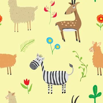 Cute Animals Seamless pattern. Cartoon Animals and plants doodles. Cartoon Ve Illustrazione stock