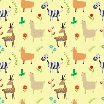 Cute Animals Seamless pattern. Cartoon Animals and plants doodles. Cartoon Ve Stock Illustration