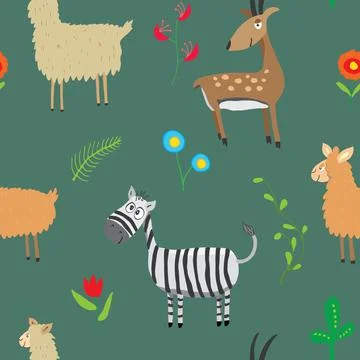 Cute Animals Seamless pattern. Cartoon Animals and plants doodles. Cartoon Ve Illustrazione stock