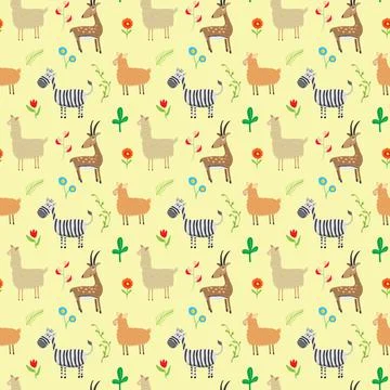 Cute Animals Seamless pattern. Cartoon Animals and plants doodles. Cartoon Ve Illustrazione stock