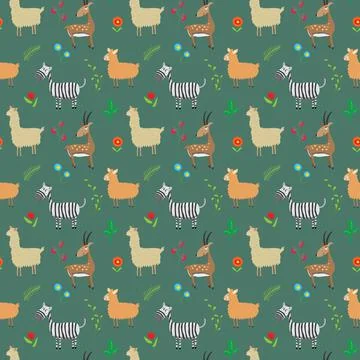 Cute Animals Seamless pattern. Cartoon Animals and plants doodles. Cartoon Ve Illustrazione stock