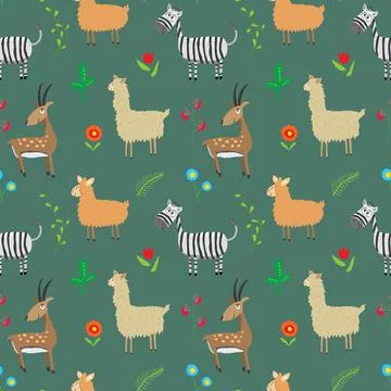 Cute Animals Seamless pattern. Cartoon Animals and plants doodles. Cartoon Ve Illustrazione stock