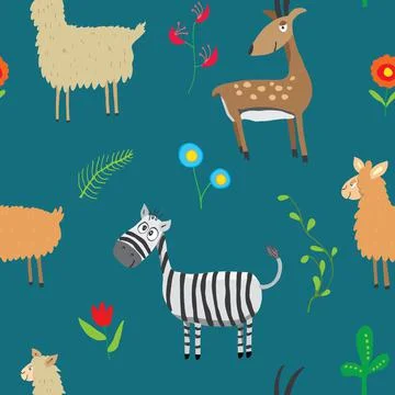 Cute Animals Seamless pattern. Cartoon Animals and plants doodles. Cartoon Ve Illustrazione stock