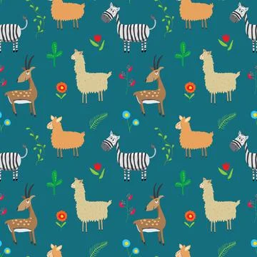 Cute Animals Seamless pattern. Cartoon Animals and plants doodles. Cartoon Ve Illustrazione stock