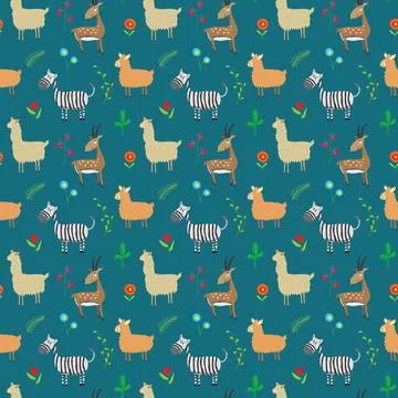 Cute Animals Seamless pattern. Cartoon Animals and plants doodles. Cartoon Ve Illustrazione stock