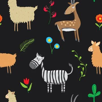 Cute Animals Seamless pattern. Cartoon Animals and plants doodles. Cartoon Ve Illustrazione stock