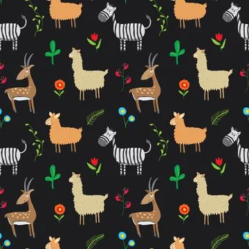 Cute Animals Seamless pattern. Cartoon Animals and plants doodles. Cartoon Ve Illustrazione stock