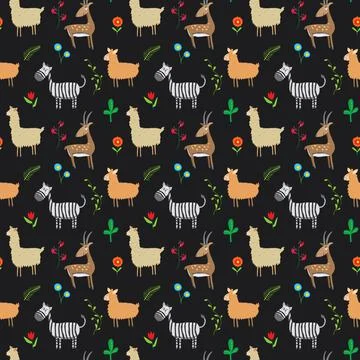 Cute Animals Seamless pattern. Cartoon Animals and plants doodles. Cartoon Ve Illustrazione stock