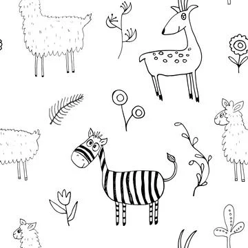 Cute Animals Seamless pattern. Cartoon Animals and plants doodles. Cartoon Ve Illustrazione stock