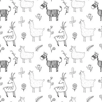 Cute Animals Seamless pattern. Cartoon Animals and plants doodles. Cartoon Ve Stock Illustration