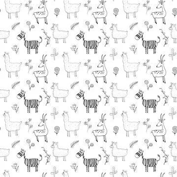 Cute Animals Seamless pattern. Cartoon Animals and plants doodles. Cartoon Ve Illustrazione stock
