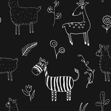 Cute Animals Seamless pattern. Cartoon Animals and plants doodles. Cartoon Ve Stock Illustration