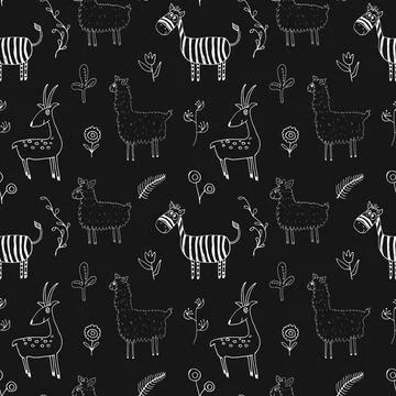 Cute Animals Seamless pattern. Cartoon Animals and plants doodles. Cartoon Ve Illustrazione stock
