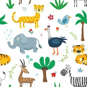 Cute Animals Seamless pattern. Cartoon Animals and plants doodles. Cartoon Ve Stock Illustration