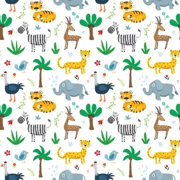 Cute Animals Seamless pattern. Cartoon Animals and plants doodles. Cartoon Ve Illustrazione stock