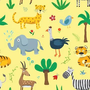 Cute Animals Seamless pattern. Cartoon Animals and plants doodles. Cartoon Ve Illustrazione stock