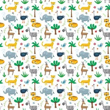 Cute Animals Seamless pattern. Cartoon Animals and plants doodles. Cartoon Ve Illustrazione stock