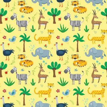 Cute Animals Seamless pattern. Cartoon Animals and plants doodles. Cartoon Ve Illustrazione stock