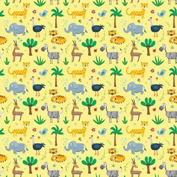 Cute Animals Seamless pattern. Cartoon Animals and plants doodles. Cartoon Ve Illustrazione stock