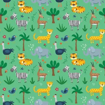 Cute Animals Seamless pattern. Cartoon Animals and plants doodles. Cartoon Ve Illustrazione stock