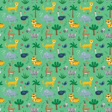 Cute Animals Seamless pattern. Cartoon Animals and plants doodles. Cartoon Ve Illustrazione stock