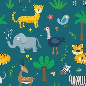 Cute Animals Seamless pattern. Cartoon Animals and plants doodles. Cartoon Ve Illustrazione stock