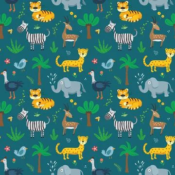 Cute Animals Seamless pattern. Cartoon Animals and plants doodles. Cartoon Ve Illustrazione stock