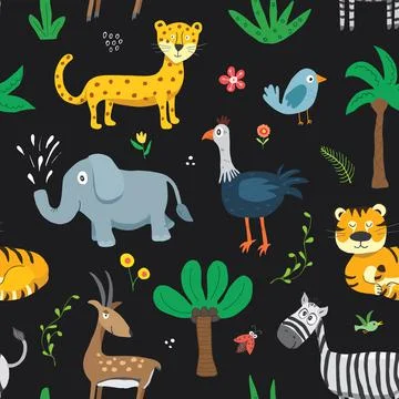 Cute Animals Seamless pattern. Cartoon Animals and plants doodles. Cartoon Ve Illustrazione stock