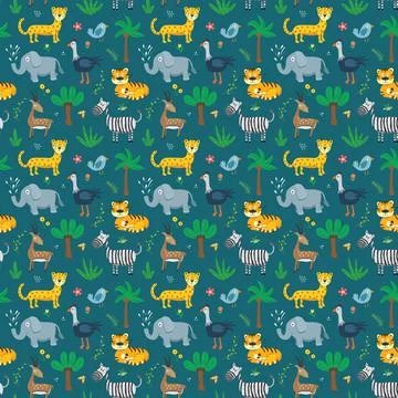 Cute Animals Seamless pattern. Cartoon Animals and plants doodles. Cartoon Ve Illustrazione stock