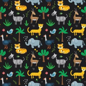 Cute Animals Seamless pattern. Cartoon Animals and plants doodles. Cartoon Ve Illustrazione stock