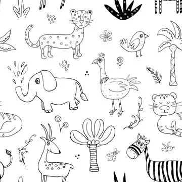 Cute Animals Seamless pattern. Cartoon Animals and plants doodles. Cartoon Ve Illustrazione stock