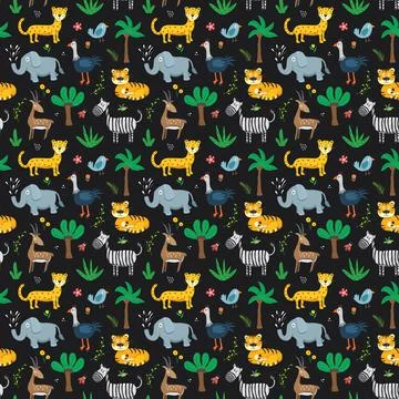 Cute Animals Seamless pattern. Cartoon Animals and plants doodles. Cartoon Ve Illustrazione stock