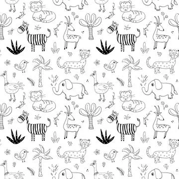Cute Animals Seamless pattern. Cartoon Animals and plants doodles. Cartoon Ve Stock Illustration