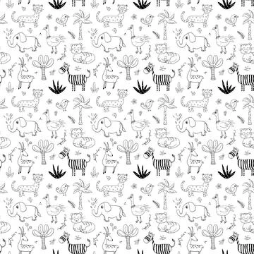 Cute Animals Seamless pattern. Cartoon Animals and plants doodles. Cartoon Ve Stock Illustration
