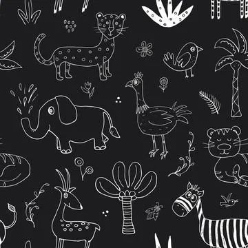 Cute Animals Seamless pattern. Cartoon Animals and plants doodles. Cartoon Ve Illustrazione stock