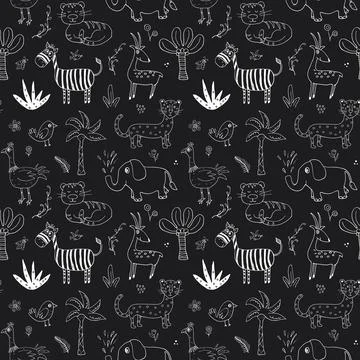 Cute Animals Seamless pattern. Cartoon Animals and plants doodles. Cartoon Ve Stock Illustration