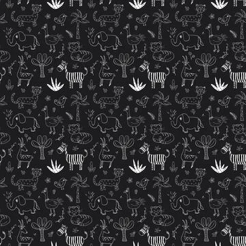 Cute Animals Seamless pattern. Cartoon Animals and plants doodles. Cartoon Ve Illustrazione stock