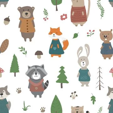 Cute animals Seamless pattern. Cartoon Animals in forest background. Vector i Stock Illustration