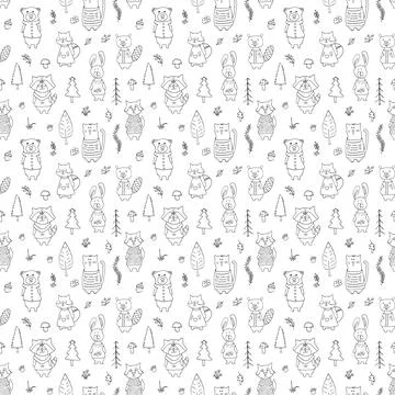 Cute animals Seamless pattern. Cartoon Animals in forest background. Vector i Stock Illustration
