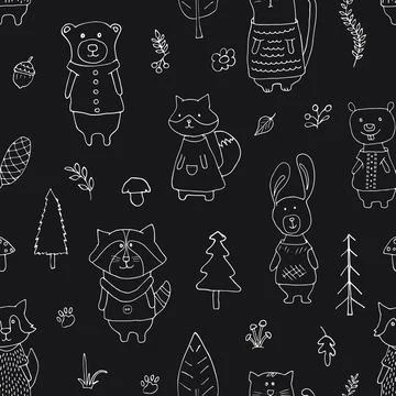 Cute animals Seamless pattern. Cartoon Animals in forest background. Vector i Stock Illustration